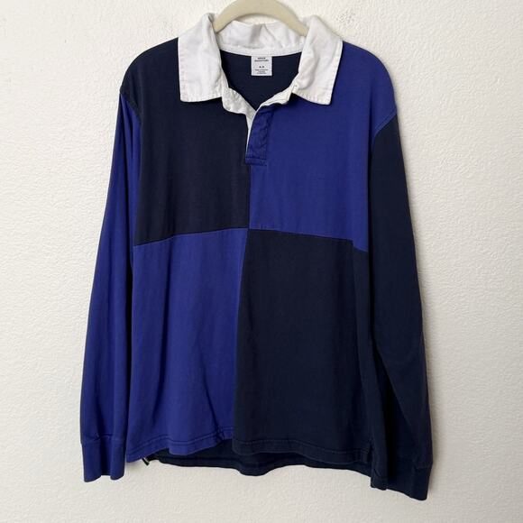 [Urban Outfitters] Navy Blue Colorblock Long Sleeve Rugby Polo Shirt Sz Medium M - Picture 1 of 11